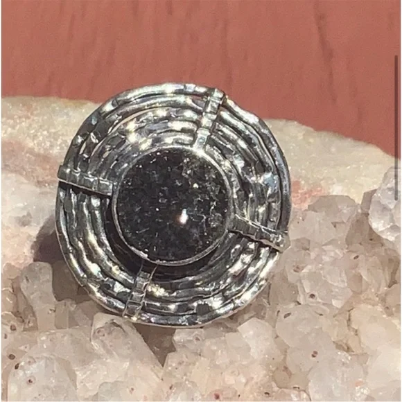 New BLACK DRUZY QUARTZ 925 SILVER RING, SZ 6 - Picture 7 of 7